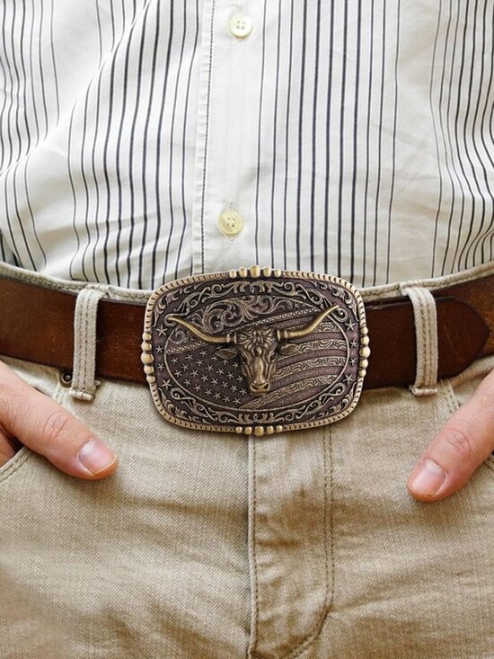 Nelbons Fade-Resistant Unisex Zinc Alloy Patriotic American  Men\'s Flag Longhorn Bull Western Cowboy Imported Zinc Alloy Belt Buckle
